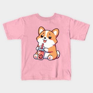 cute corgi loves boba milk tea Kids T-Shirt